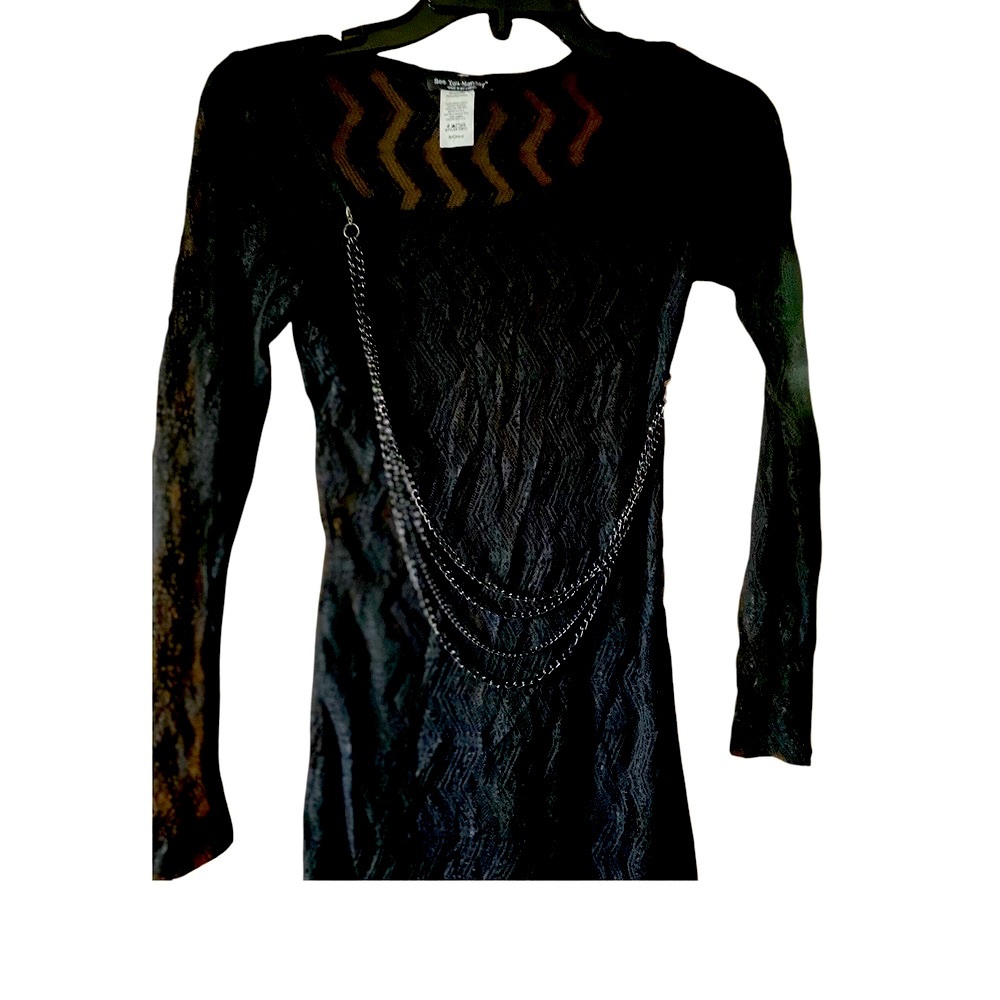 See You Monday Lace Dress Bodycon Chain Accent Long‎ Sleeve Black Size S NWOT